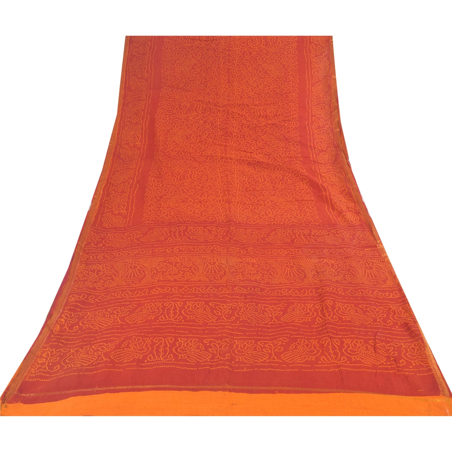 Sanskriti Vintage Sarees Orange Bandhani Print Peacock Pure Cotton Sari Fabric