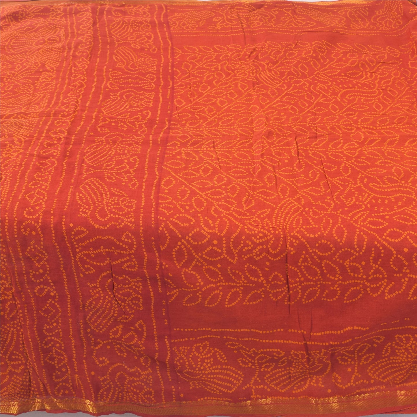 Sanskriti Vintage Sarees Orange Bandhani Print Peacock Pure Cotton Sari Fabric