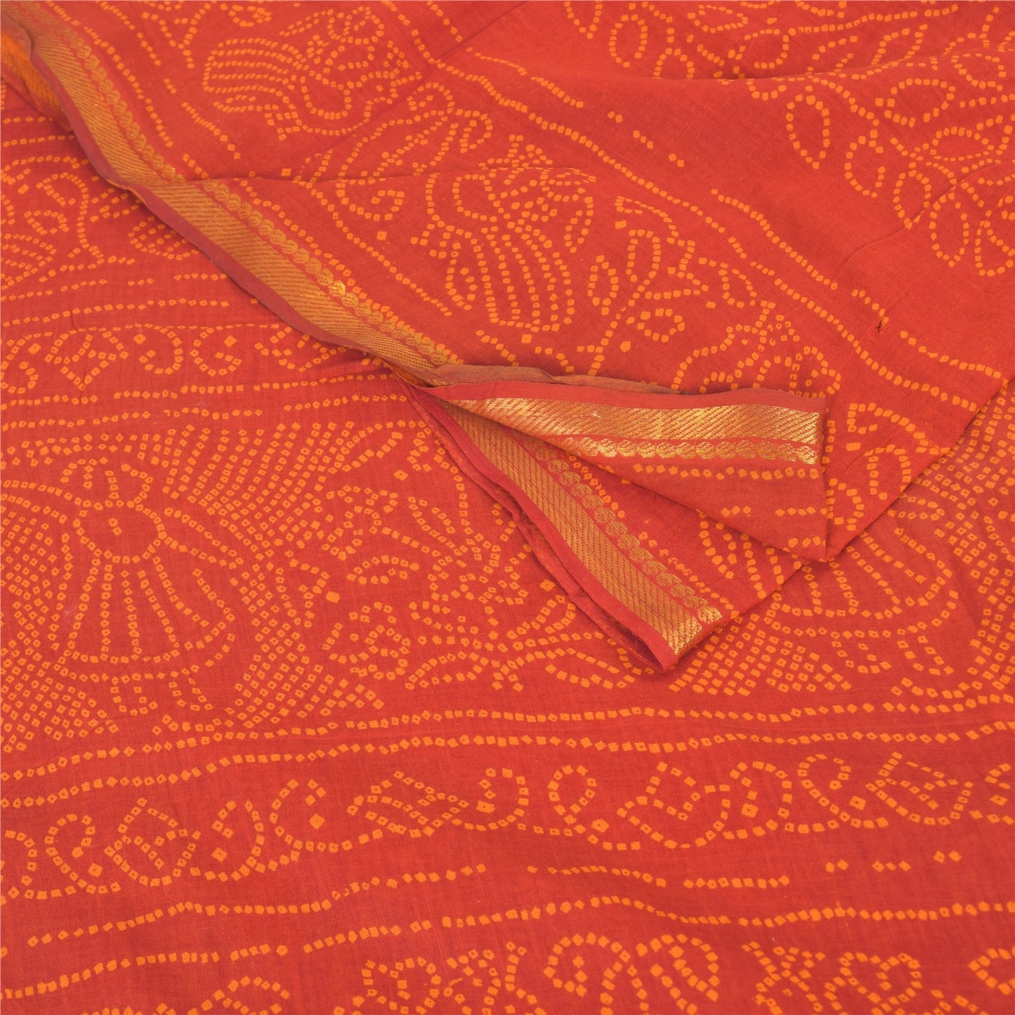 Sanskriti Vintage Sarees Orange Bandhani Print Peacock Pure Cotton Sari Fabric