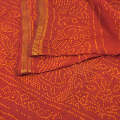 Sanskriti Vintage Sarees Orange Bandhani Print Peacock Pure Cotton Sari Fabric