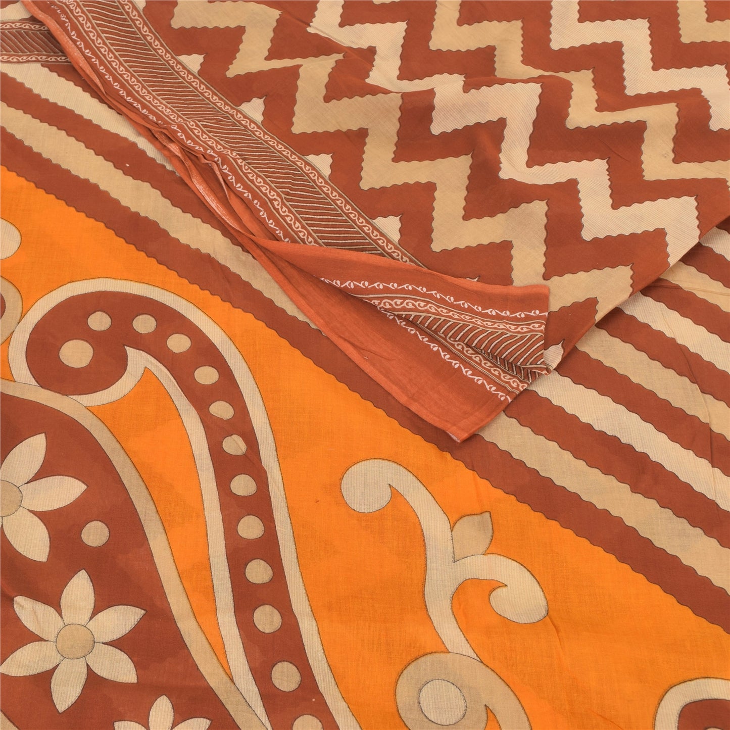 Sanskriti Vintage Sarees Brown 100% Pure Cotton Printed Sari 5yd Craft Fabric