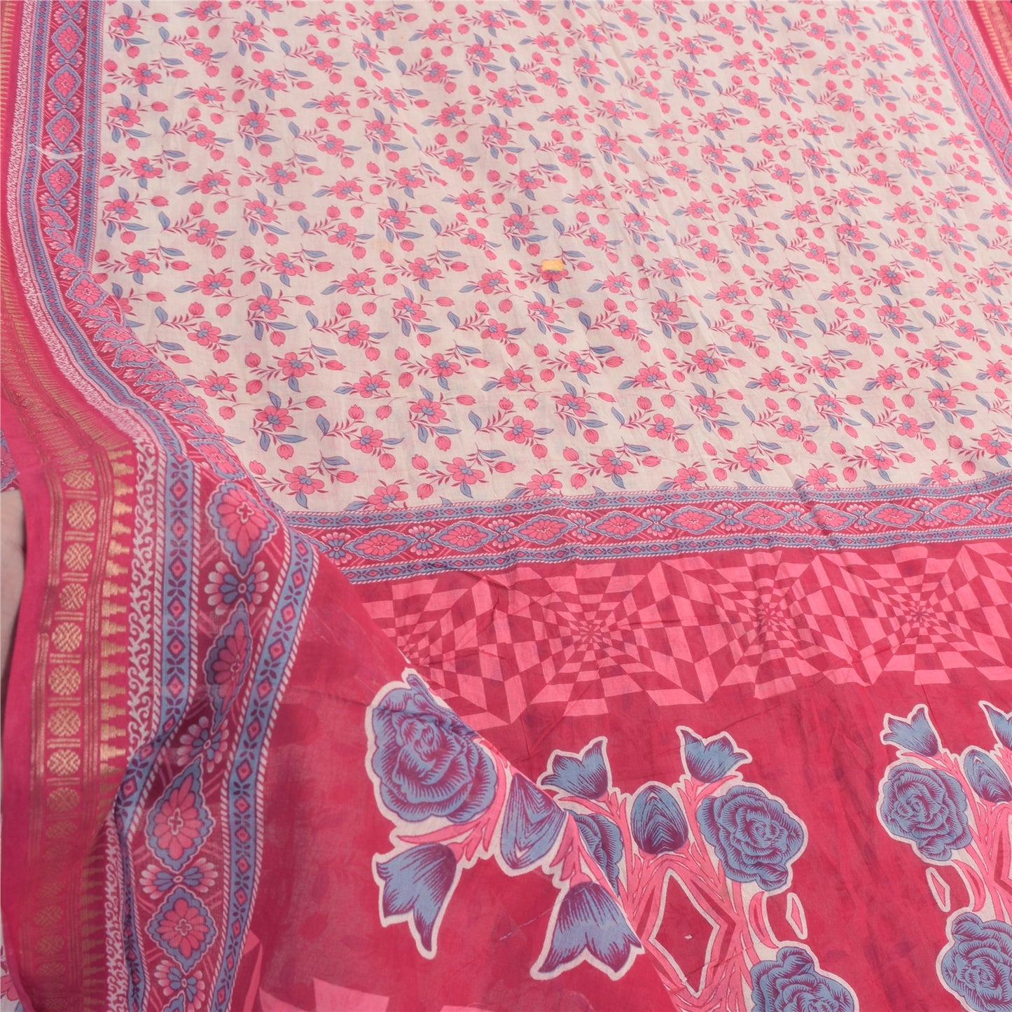 Sanskriti Vintage Sarees Ivory/Pink Pure Cotton Printed Sari 5yd Craft Fabric