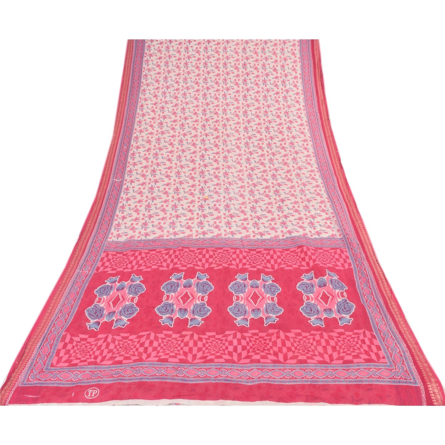 Sanskriti Vintage Sarees Ivory/Pink Pure Cotton Printed Sari 5yd Craft Fabric