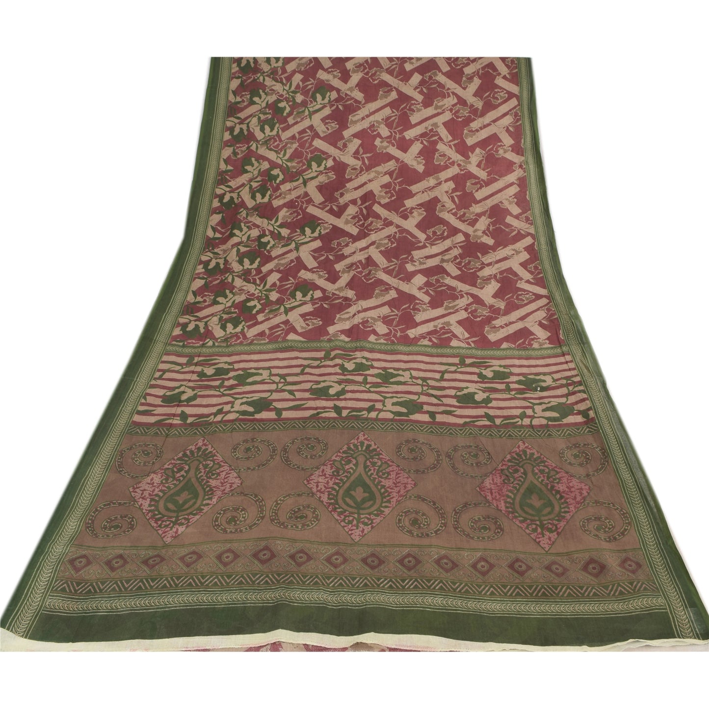 Sanskriti Vintage Sarees Dusty Red Pure Cotton Printed Sari 5yd Craft Fabric