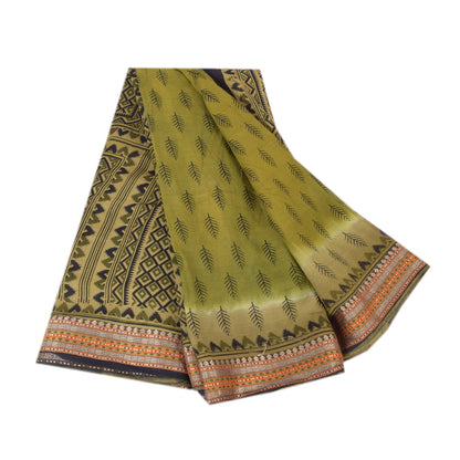 Sanskriti Vintage Sarees Green Indian Pure Cotton Printed Sari 5yd Craft Fabric