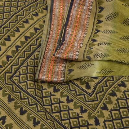 Sanskriti Vintage Sarees Green Indian Pure Cotton Printed Sari 5yd Craft Fabric