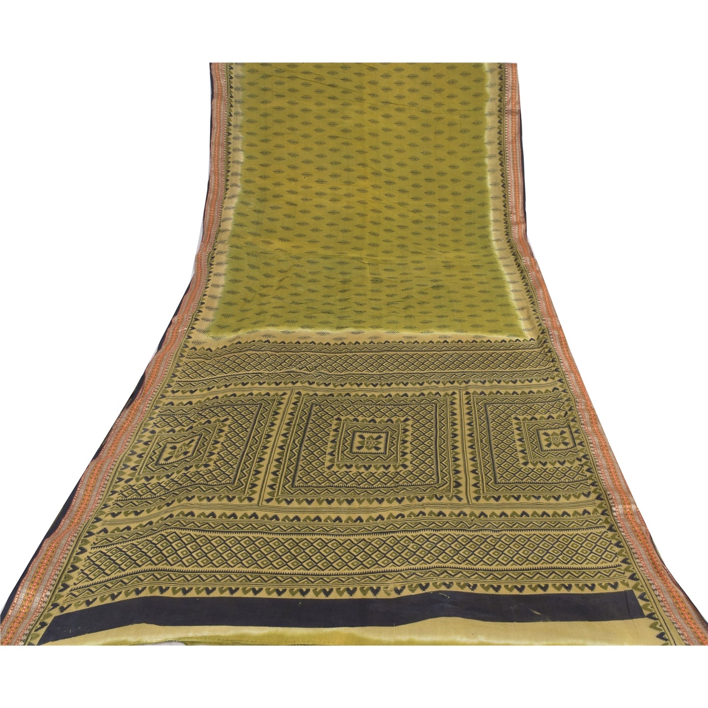 Sanskriti Vintage Sarees Green Indian Pure Cotton Printed Sari 5yd Craft Fabric