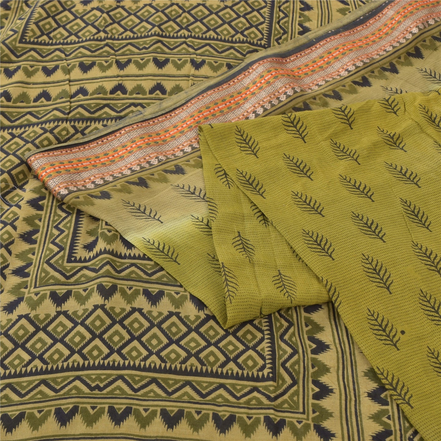 Sanskriti Vintage Sarees Green Indian Pure Cotton Printed Sari 5yd Craft Fabric