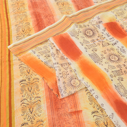 Sanskriti Vintage Sarees Cream/Orange Pure Cotton Printed Sari 5yd Craft Fabric