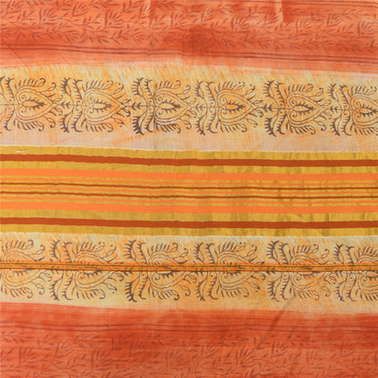 Sanskriti Vintage Sarees Cream/Orange Pure Cotton Printed Sari 5yd Craft Fabric