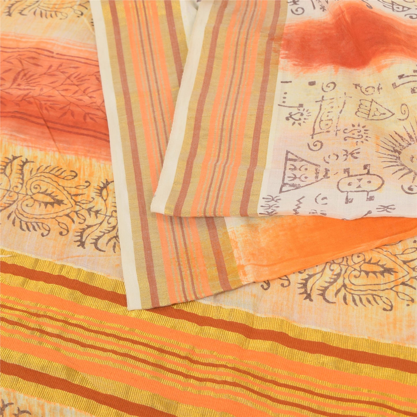 Sanskriti Vintage Sarees Cream/Orange Pure Cotton Printed Sari 5yd Craft Fabric