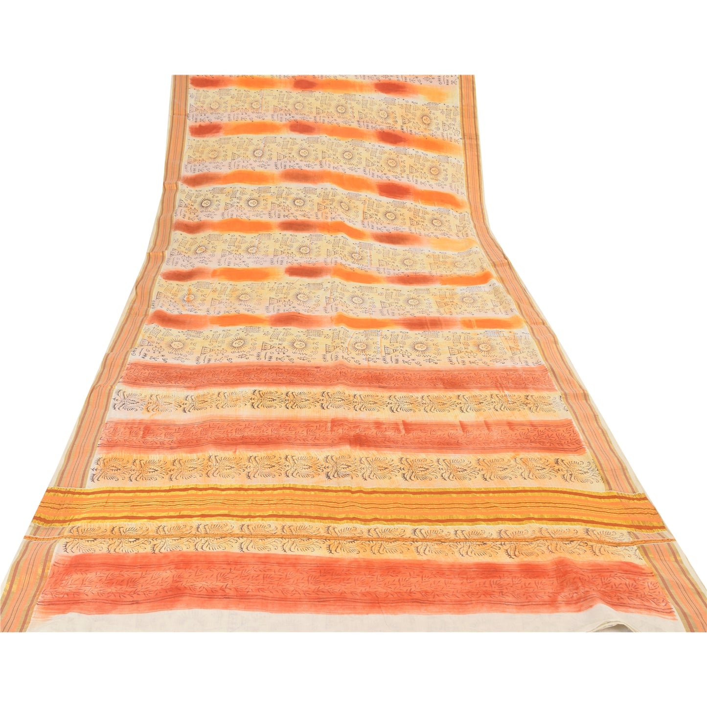 Sanskriti Vintage Sarees Cream/Orange Pure Cotton Printed Sari 5yd Craft Fabric