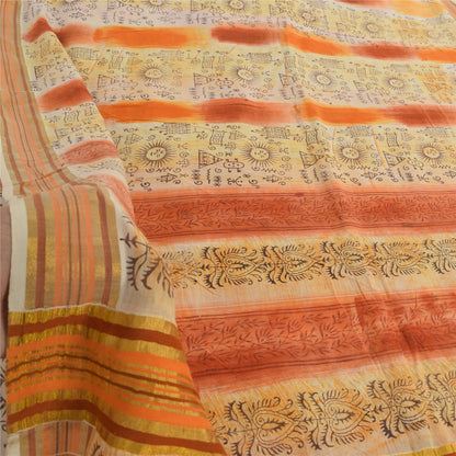 Sanskriti Vintage Sarees Cream/Orange Pure Cotton Printed Sari 5yd Craft Fabric