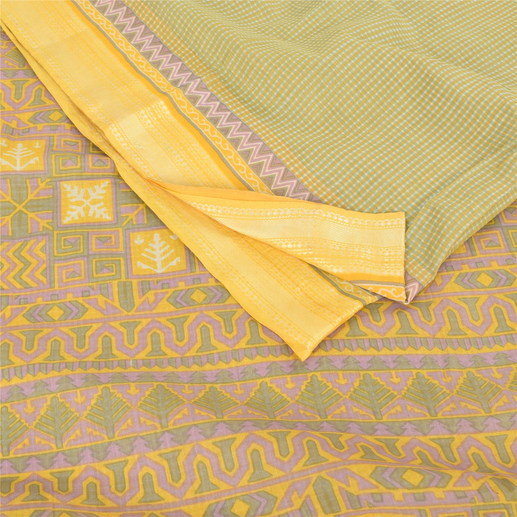 Sanskriti Vintage Sarees Indian Green Pure Cotton Printed Sari 5yd Craft Fabric