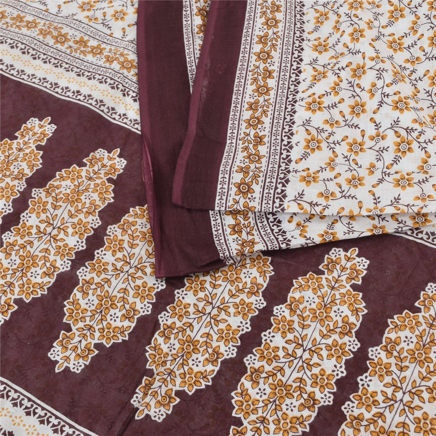 Sanskriti Vintage Sarees Indian Ivory Pure Cotton Printed Sari 5yd Craft Fabric