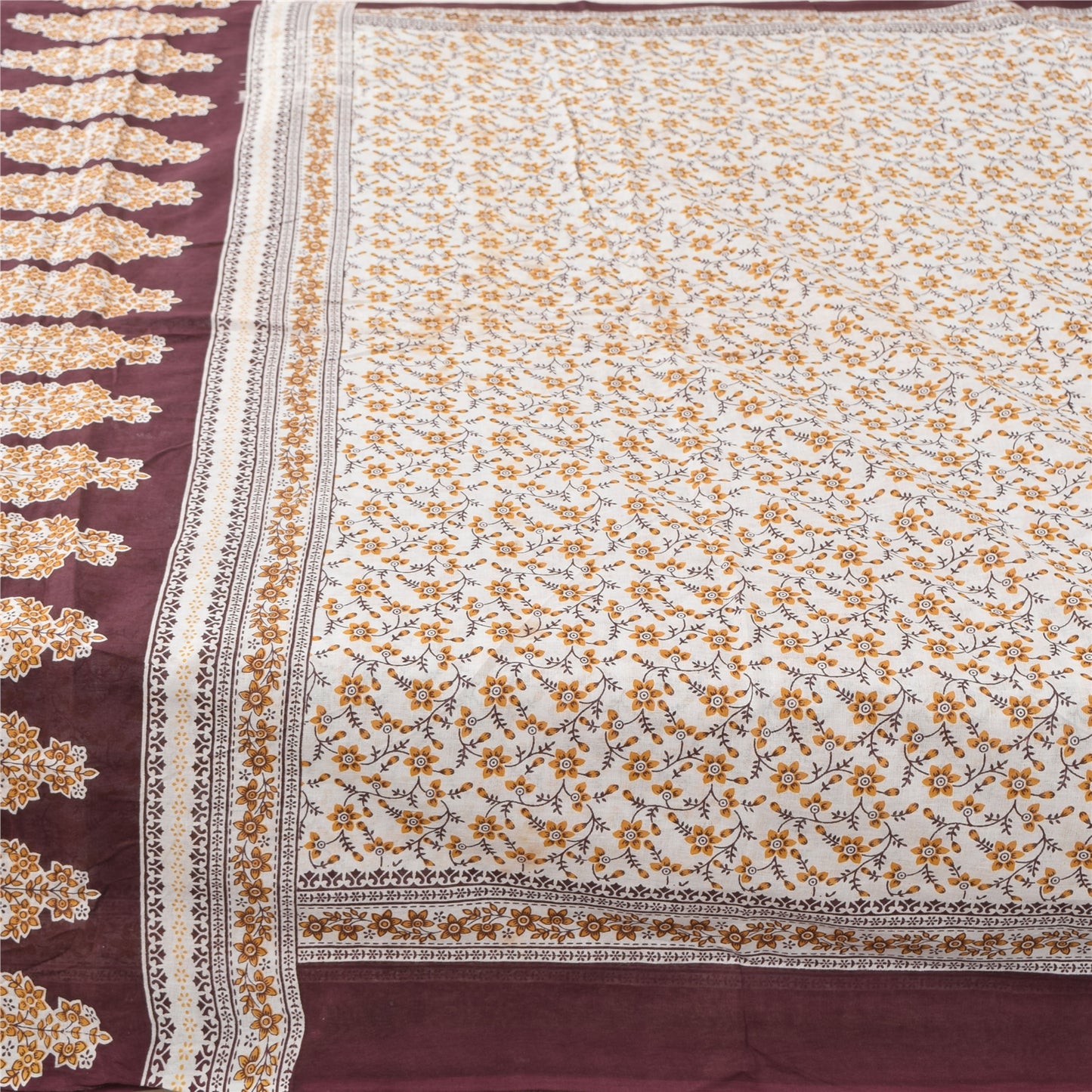 Sanskriti Vintage Sarees Indian Ivory Pure Cotton Printed Sari 5yd Craft Fabric