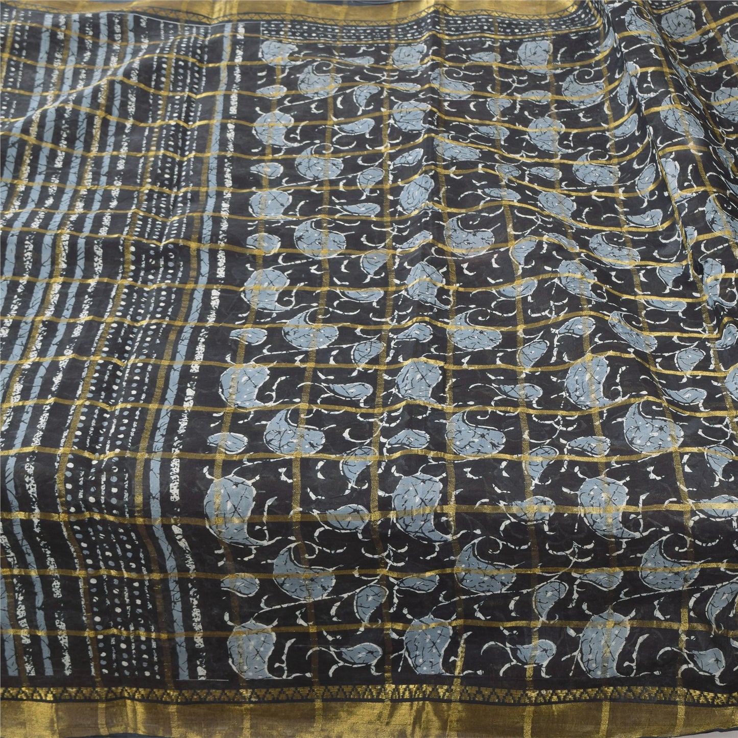 Sanskriti Vintage Sarees Black Zari Woven Pure Cotton Printed Sari Craft Fabric