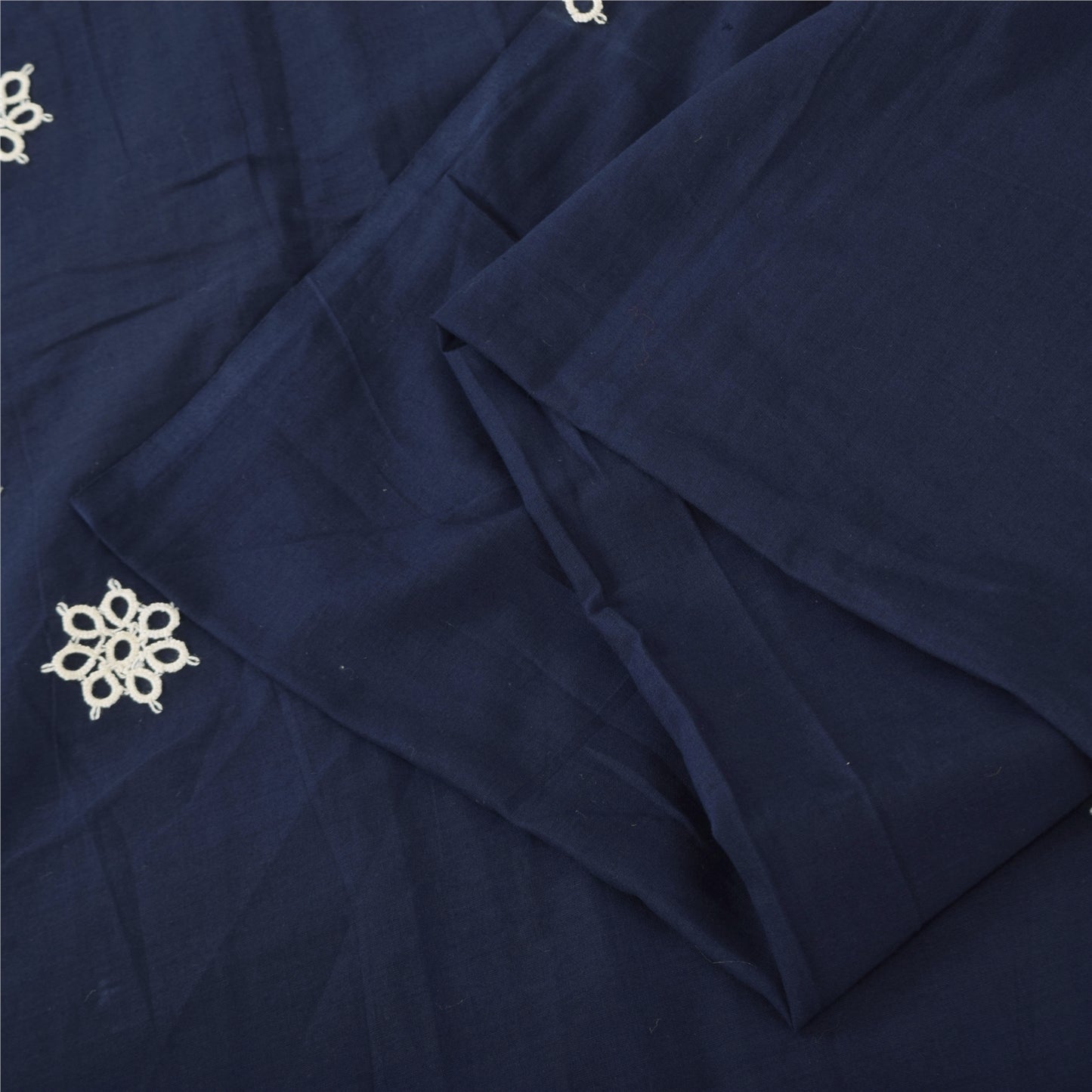 Sanskriti Vintage Sarees Navy Blue Lace Work Pure Cotton Sari 5yd Craft Fabric