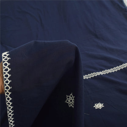 Sanskriti Vintage Sarees Navy Blue Lace Work Pure Cotton Sari 5yd Craft Fabric