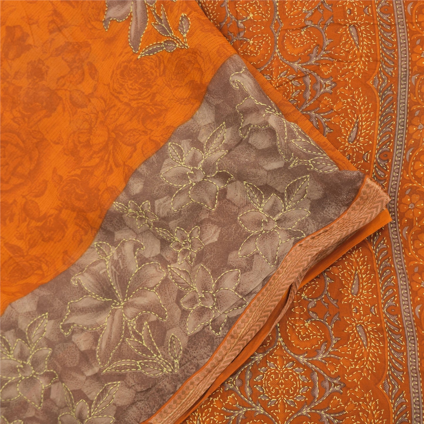 Sanskriti Vintage Sarees Indian Orange Pure Cotton Printed Sari 5yd Craft Fabric