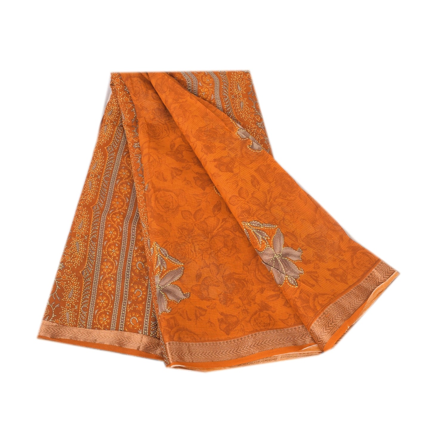 Sanskriti Vintage Sarees Indian Orange Pure Cotton Printed Sari 5yd Craft Fabric