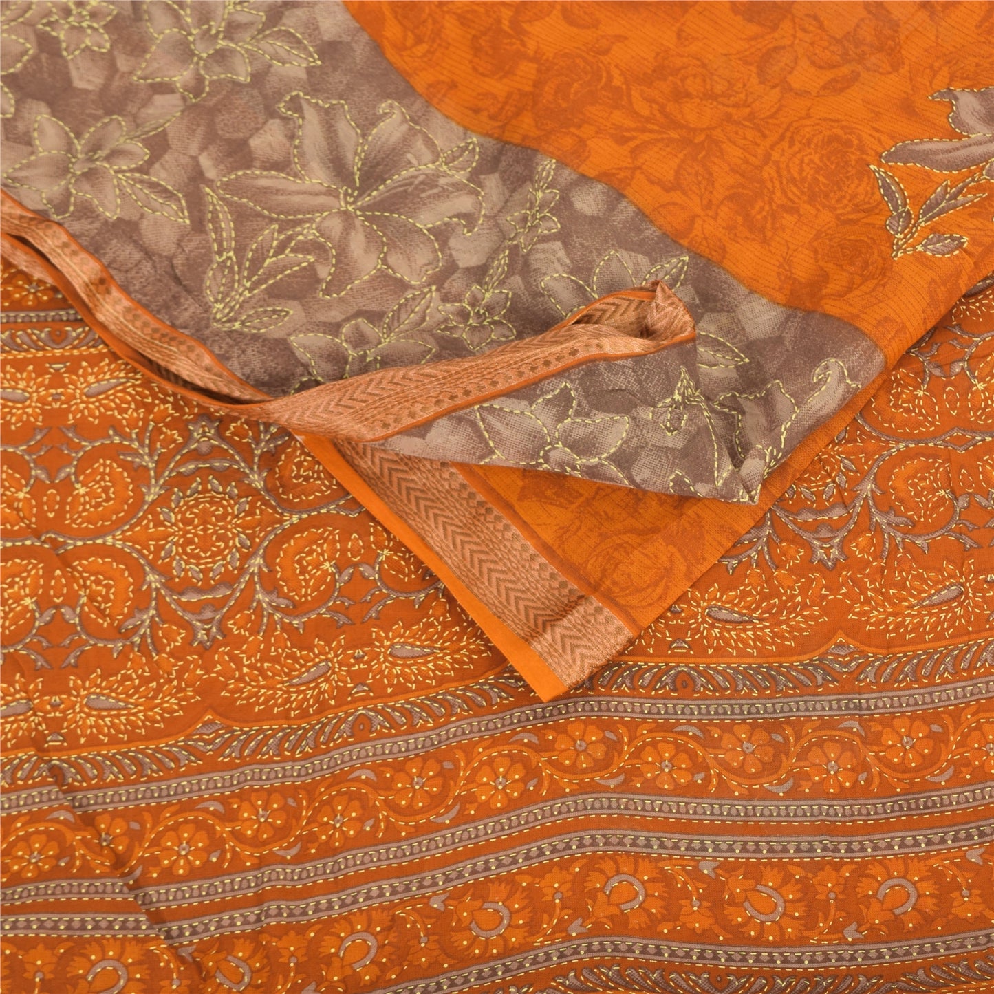 Sanskriti Vintage Sarees Indian Orange Pure Cotton Printed Sari 5yd Craft Fabric