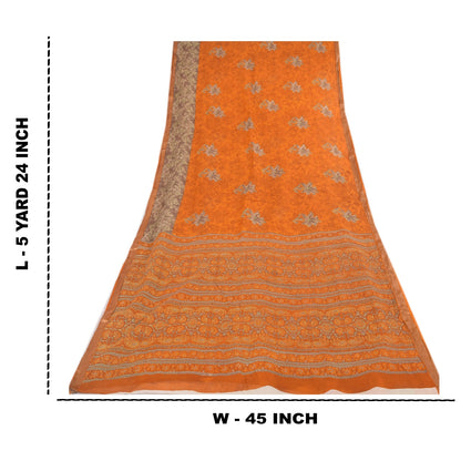 Sanskriti Vintage Sarees Indian Orange Pure Cotton Printed Sari 5yd Craft Fabric