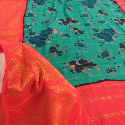 Sanskriti Vintage Sarees Green/Red Zari Woven Pure Cotton Print Sari 5yd Fabric