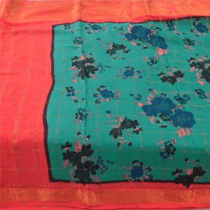 Sanskriti Vintage Sarees Green/Red Zari Woven Pure Cotton Print Sari 5yd Fabric