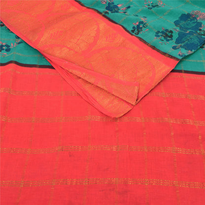 Sanskriti Vintage Sarees Green/Red Zari Woven Pure Cotton Print Sari 5yd Fabric