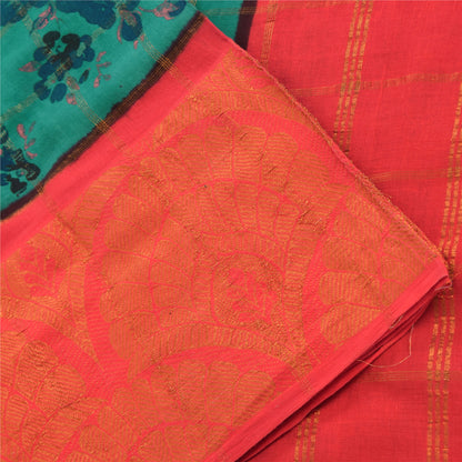 Sanskriti Vintage Sarees Green/Red Zari Woven Pure Cotton Print Sari 5yd Fabric