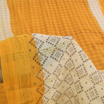 Sanskriti Vintage Sarees Yellow/Ivory Ikat Printed Pure Cotton Sari Craft Fabric