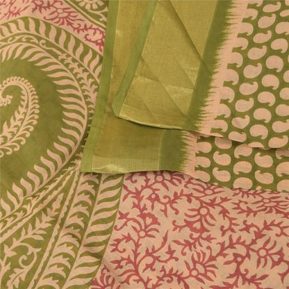 Sanskriti Vintage Sarees Indian Green Pure Cotton Printed Sari 5yd Craft Fabric