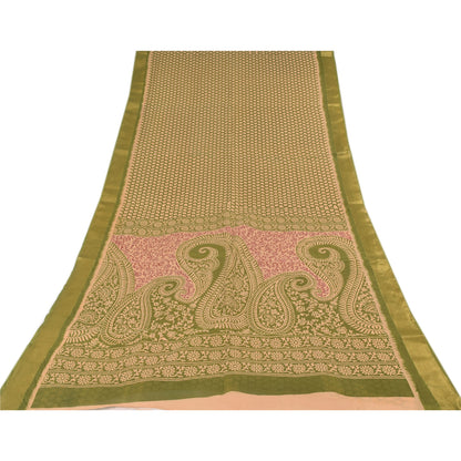 Sanskriti Vintage Sarees Indian Green Pure Cotton Printed Sari 5yd Craft Fabric