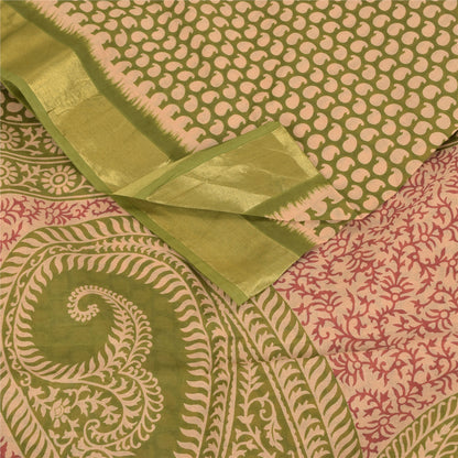 Sanskriti Vintage Sarees Indian Green Pure Cotton Printed Sari 5yd Craft Fabric