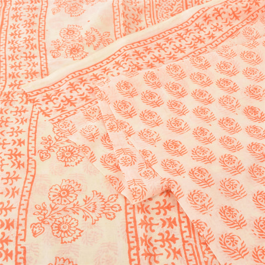 Sanskriti Vintage Sarees Ivory/Orange Pure Cotton Hand Block Printed Sari Fabric