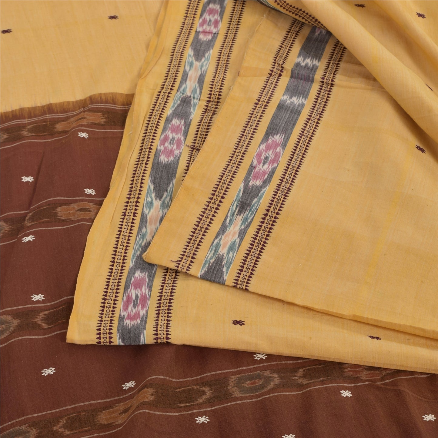 Sanskriti Vintage Sarees Beige Ikat Hand Woven Pure Cotton Sari 5+yd Fabric