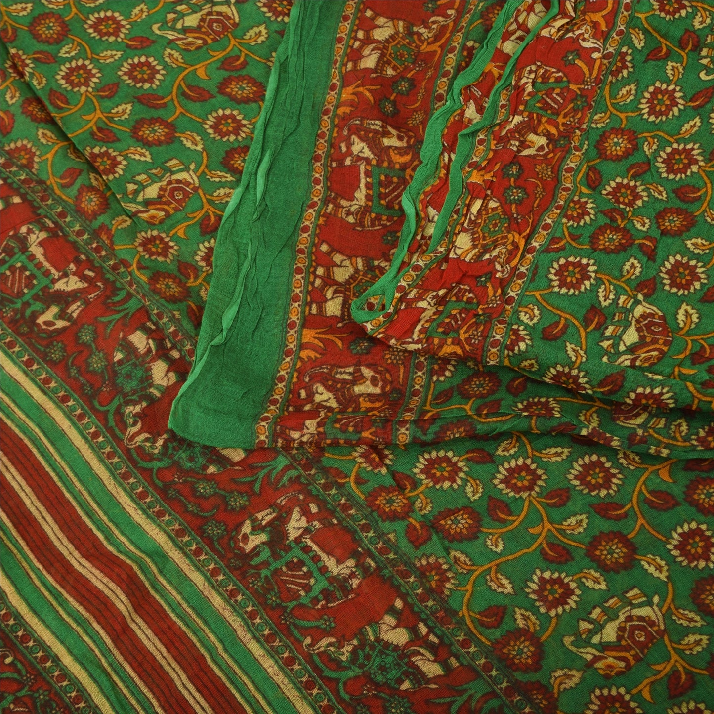 Sanskriti Vintage Sarees Green 100% Pure Cotton Printed Sari 5+yd Craft Fabric