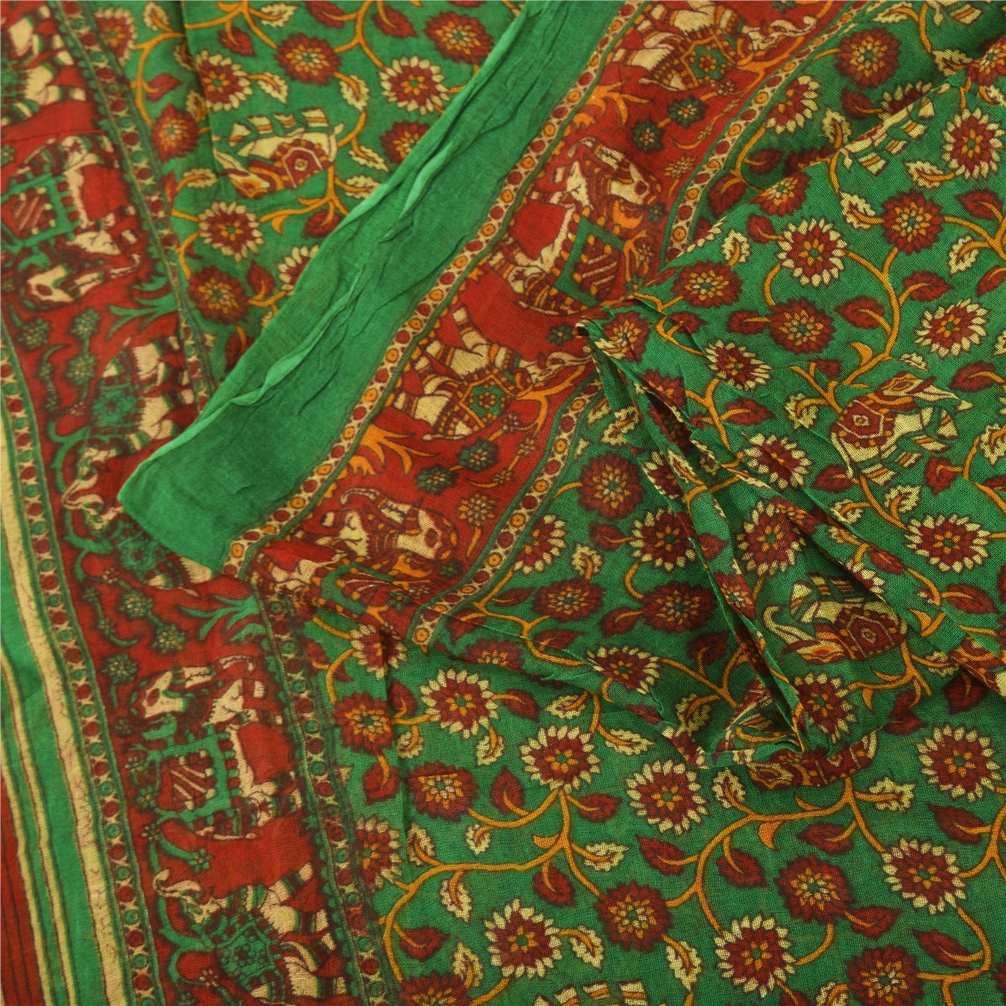 Sanskriti Vintage Sarees Green 100% Pure Cotton Printed Sari 5+yd Craft Fabric