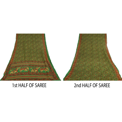 Sanskriti Vintage Sarees Green 100% Pure Cotton Printed Sari 5+yd Craft Fabric