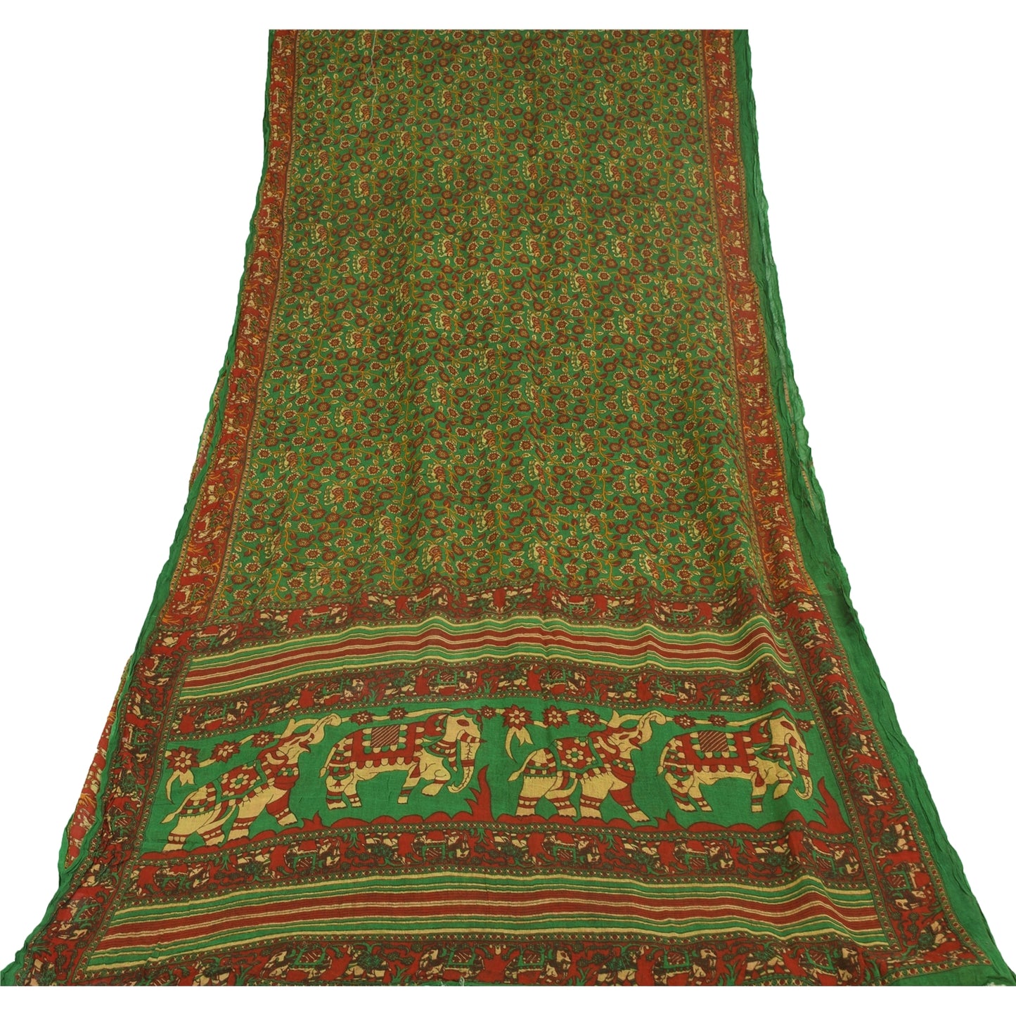 Sanskriti Vintage Sarees Green 100% Pure Cotton Printed Sari 5+yd Craft Fabric