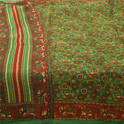 Sanskriti Vintage Sarees Green 100% Pure Cotton Printed Sari 5+yd Craft Fabric