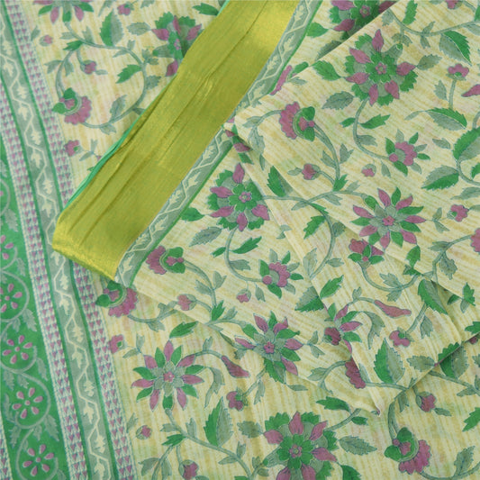 Sanskriti Vintage Sarees Cream/Green Zari Pure Cotton Printed Sari 5+yd Fabric