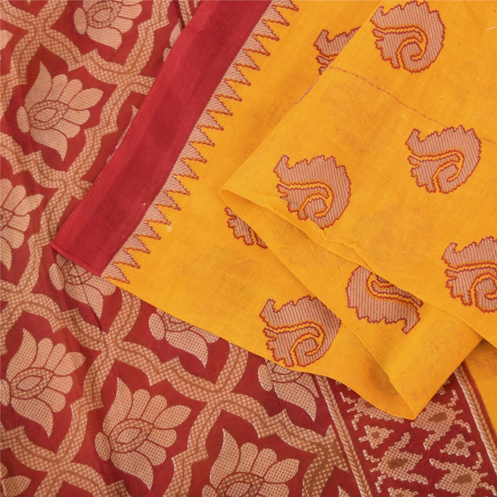 Sanskriti Vintage Sarees Yellow/Red Pure Cotton Printed Sari 5+yd Craft Fabric