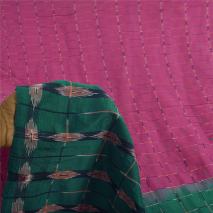 Sanskriti Vintage Sarees Pink Ikat Hand Woven Pure Cotton Sari 5+yd Fabric