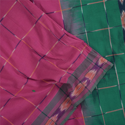 Sanskriti Vintage Sarees Pink Ikat Hand Woven Pure Cotton Sari 5+yd Fabric