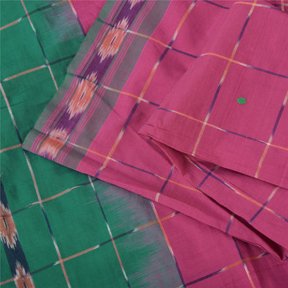 Sanskriti Vintage Sarees Pink Ikat Hand Woven Pure Cotton Sari 5+yd Fabric