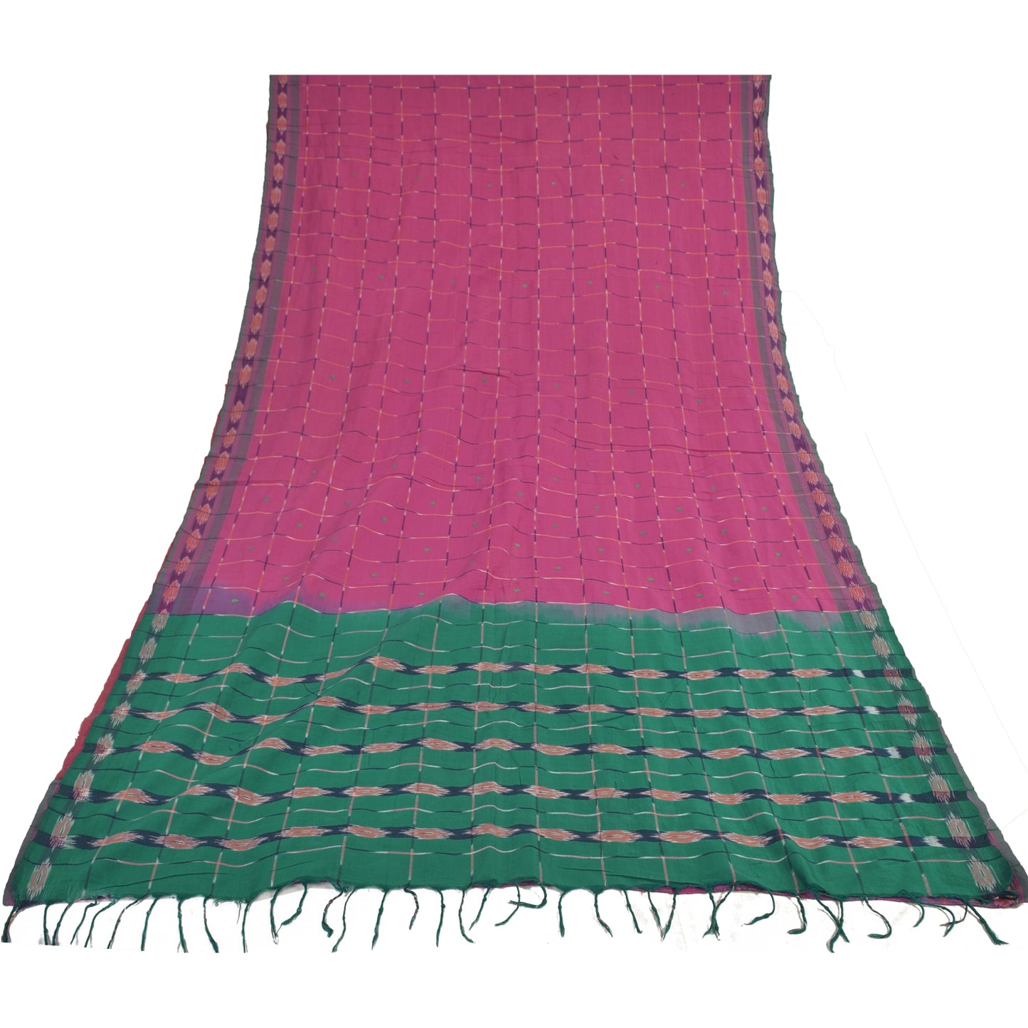 Sanskriti Vintage Sarees Pink Ikat Hand Woven Pure Cotton Sari 5+yd Fabric