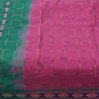 Sanskriti Vintage Sarees Pink Ikat Hand Woven Pure Cotton Sari 5+yd Fabric