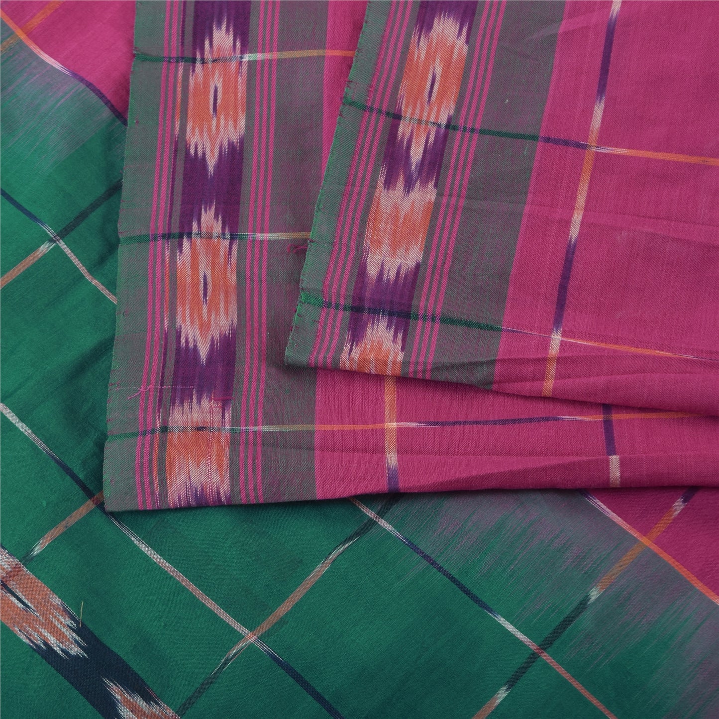 Sanskriti Vintage Sarees Pink Ikat Hand Woven Pure Cotton Sari 5+yd Fabric